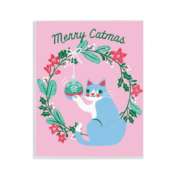 Stupell Industries Merry Christmas Pink Cat Holiday Painting Unframed Art Prints Wall Art, 11 x 14