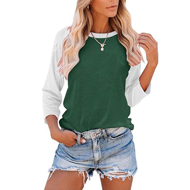 QTBIUQ Ladies' O-Neck Casual Printed Color-Blocking Three-Quarter Sleeve Blouse