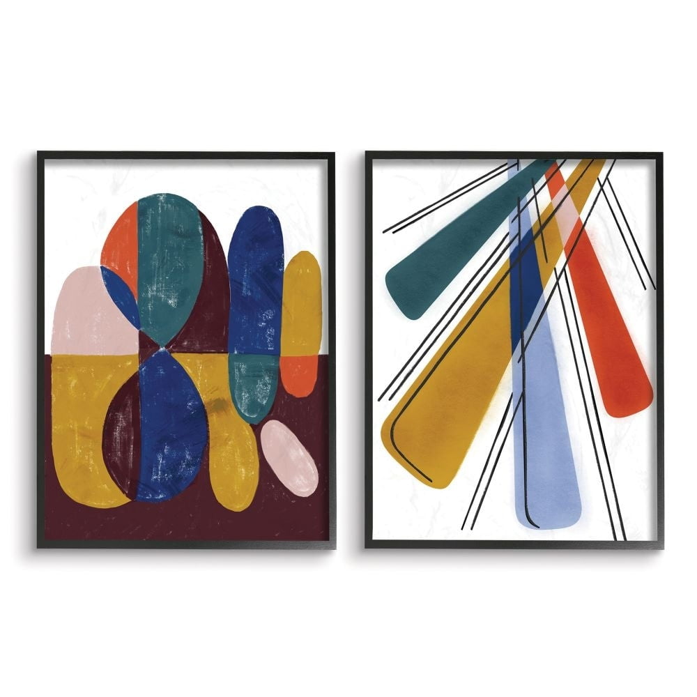 Stupell Industries Abstract Round Geometric Shapes Blue Yellow Paintings Graphic Art Black Framed Art Print Wall Art Set of 2, 11x14, by Daphne Polselli