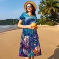 thumbnail image 4 of Fotbe Underwater Turtle Dolphin Octopus Vestido Largo de Moda para Mujer, Vestido Tipo Camiseta con Manga Corta y Estilo Casual a Rayas y Bloques de Color, 4 of 6