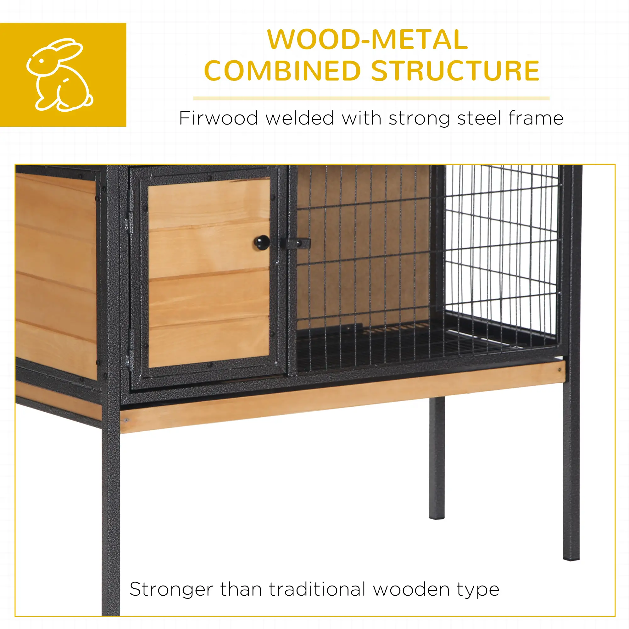 Pefilos 36" Wooden Rabbit Hutch with Metal Frame, No Leak Tray, Mtetal Wire Pan and Openable Water, Guinea Pig House for Indoor Bunny Cage, Beige