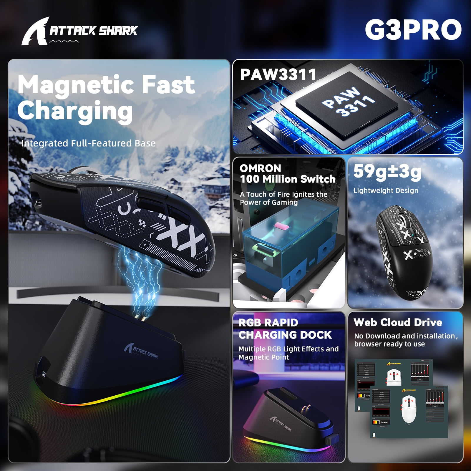 ATTACK SHARK G3PRO Gaming Mouse with Magnetic Charging Dock, PixArt PAW3311 Gaming Sensor, BT/2.4G Wireless/Wired Gaming Mouse with Grip Tape, 25000 DPI, Gamer Mice for Win11/Xbox/PS/Mac (Black)