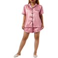 thumbnail image 1 of Pyjama pour Femmes, Pyjama en Satin Soyeux à Rayures, Haut à Manches Courtes avec Short, Tenue de Nuit, Ensemble de PJ, sous-Vêtements, Violet, P, 1 of 7