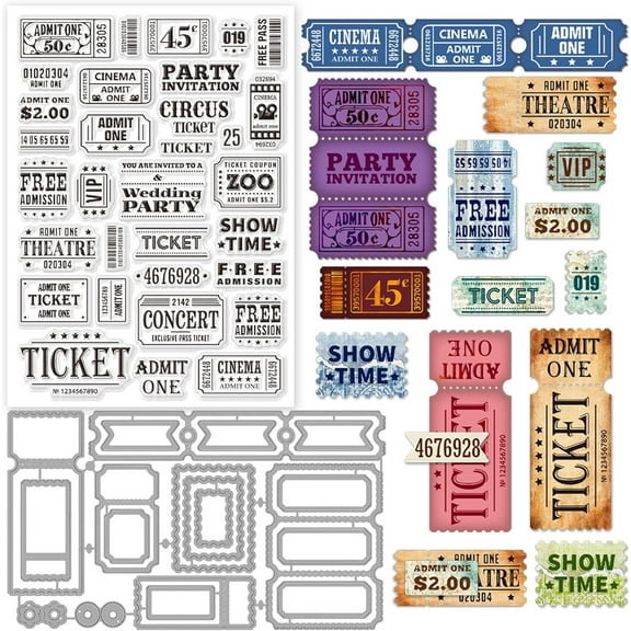 Vintage Ticket Text Clear Stamps and Labels Frame Cutting Dies Set for DIY Scrapbooking Cards Making Decorative Photo Album Notebook DIY