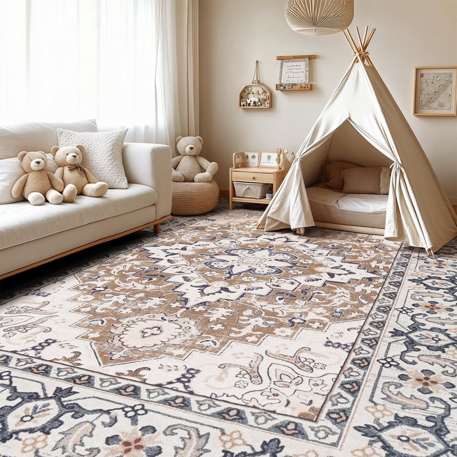 Reepow 8x10 Brown Beige Machine Washable Super Soft Faux-Wool Vintage Floral Boho Non-Slip Low Pile Large Area Rugs Carpet for Living Room Bedroom