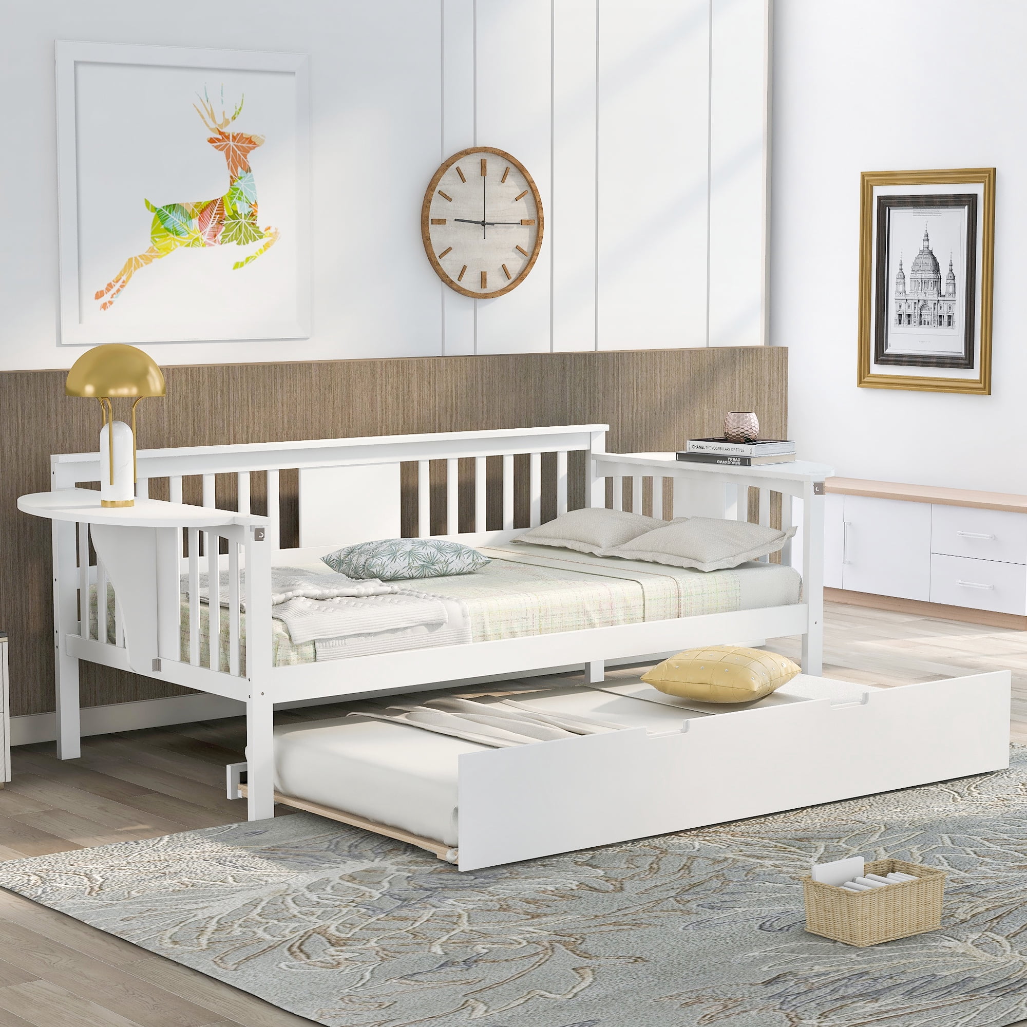 Twin Wooden Daybed with Trundle, Sofa Bed for Bedroom Living Room, Wood