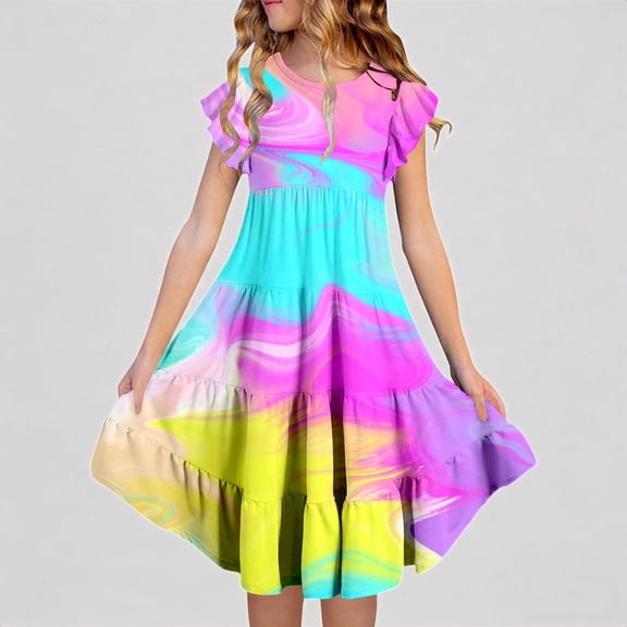 REDARER Girls' Summer Tie-Dye Gradient Dress with Double-Layer Flutter Sleeves & Tiered Ruffle Skirt, Flowy A-Line Casual Midi Kids Outfit,6-7 Years