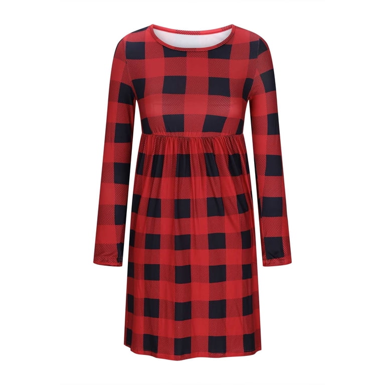 Kilaqueen Empire Waist Fall Dresses for Women Classic Plaid Long Sleeve Long Dresses with Pockets Crew Neck Loose Knee Length Vocation Outfits,