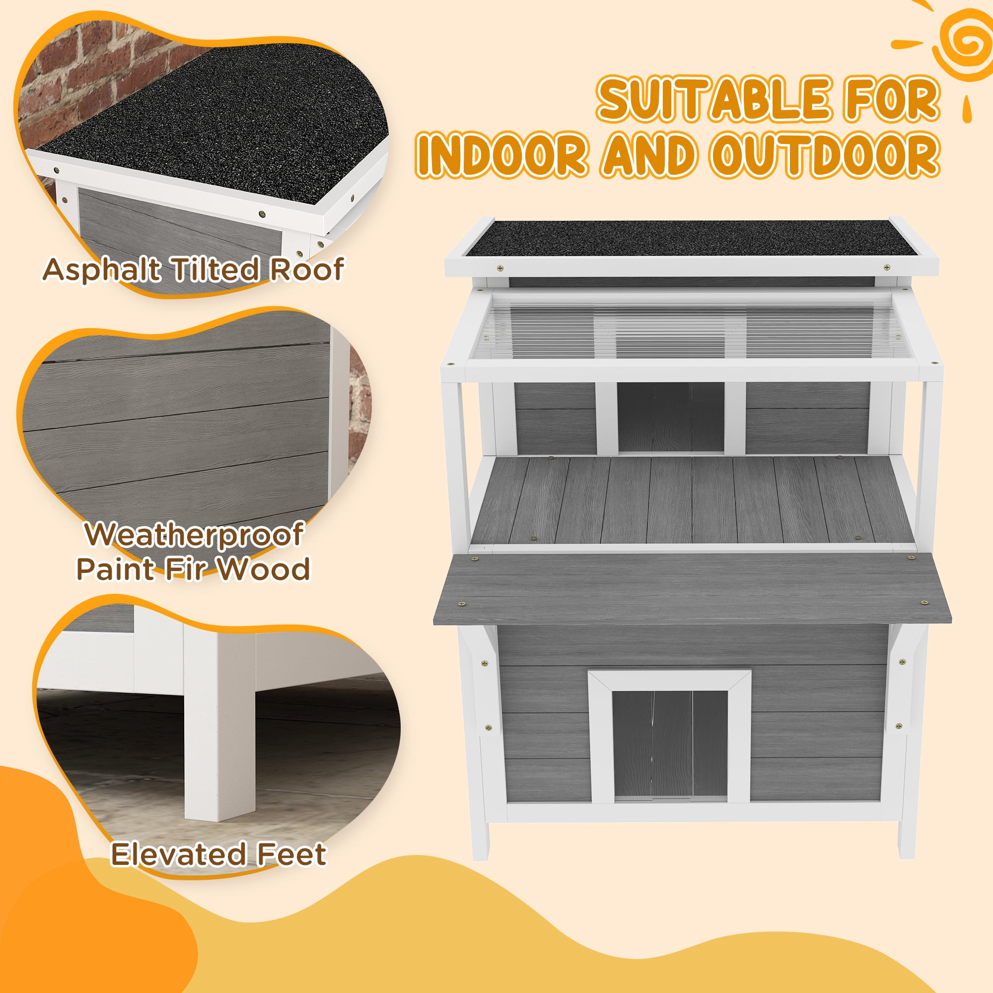 PawHut Outdoor Cat House with Balcony, Feral Cat Shelter with Weatherproof Openable Top, Escape Door, Removable Panel & Floor, for Backyard, Outside