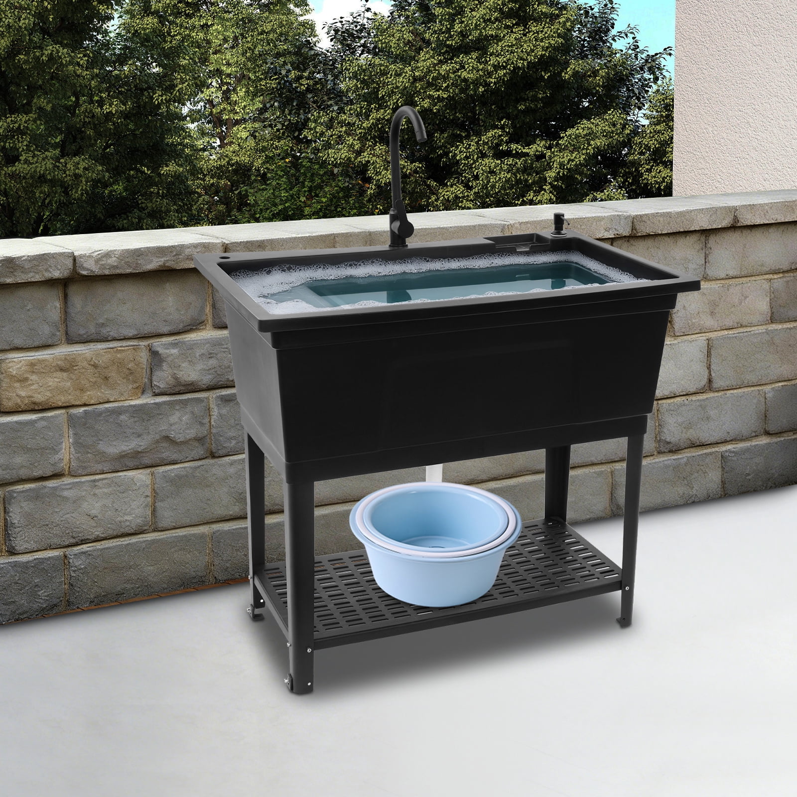 Freestanding Utility Sink for Homes Business, Heavy Duty Plastic Laundry Tub and Kitchen Sink with Faucet Soap Dispenser Black