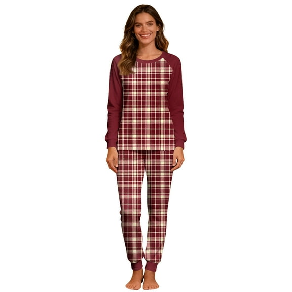 MELDVDIB Womens Christmas Pajamas Set Plaid Print Fall Winter Long Sleeve Shirt and Tapered Pants Stretch Comfy Lounge 2 Piece Loungewear Sleepwear