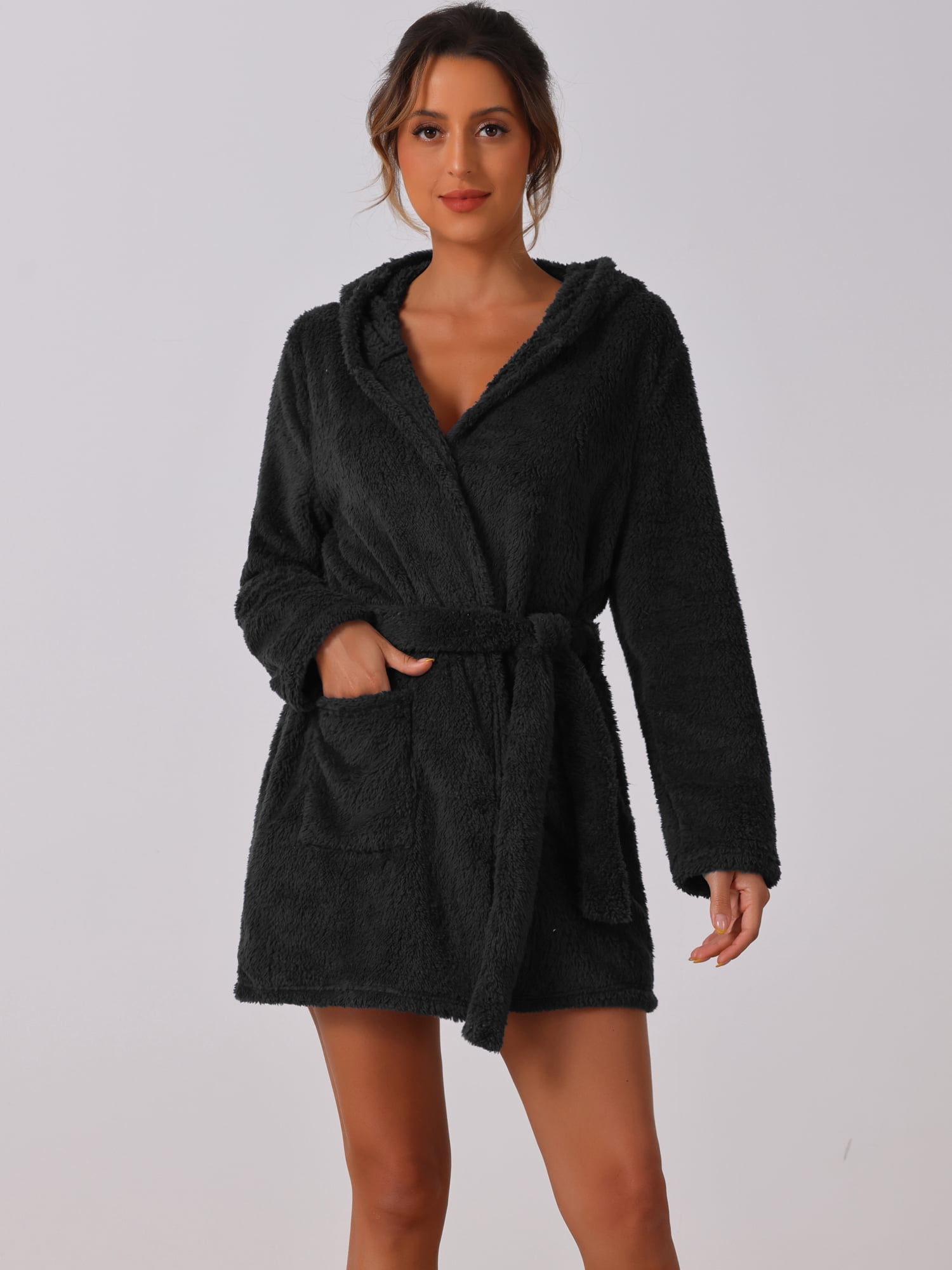 DARING DIVA Fuzzy Hooded Plush Bath Robe Mini Bathrobe XS Black