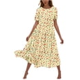 thumbnail image 2 of Viikei Elegant Pleated Short Sleeve Dress,Women's Flower Printing Casual Short Sleeve Crewneck Dress Casual Flowy Tiered Maxi Beach Dress Beige L, 2 of 6