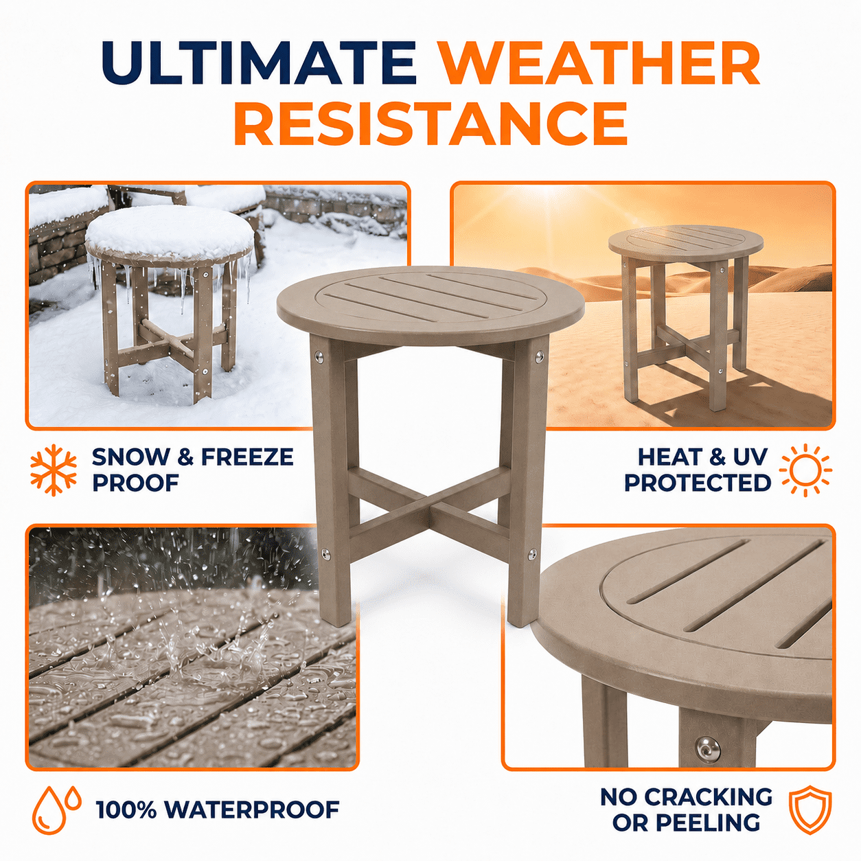 Antique Brown HDPE Outdoor Side Table, Small All-Weather Patio End Table, 15.94 in. L x 15.94 in. W x 17.71 in. H