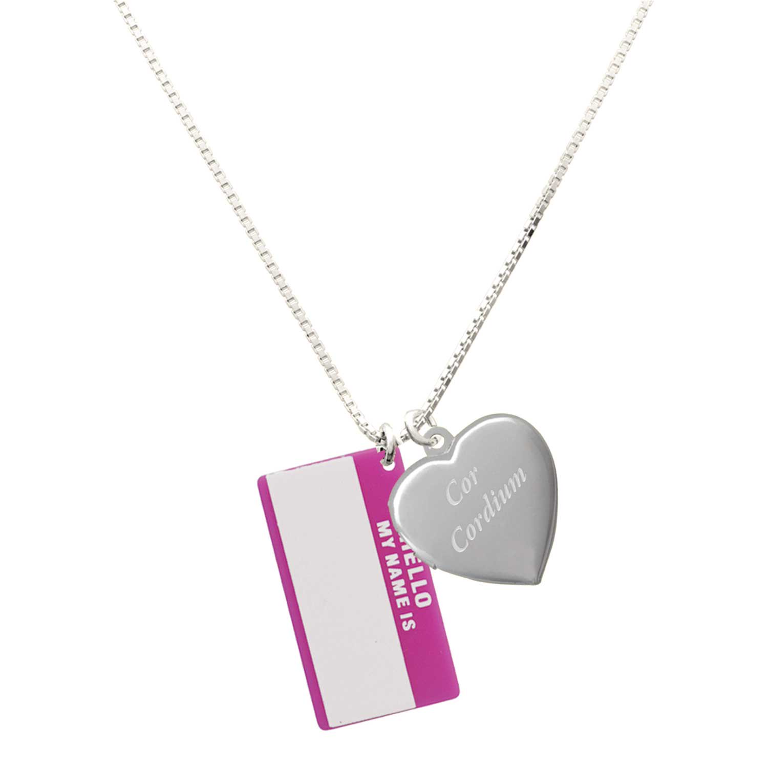 Delight Jewelry Acrylic Pink "Hello" Name Tag - Silver Plated Engraved Cor Cordium Heart Locket Necklace, 17.5"+2" Extender