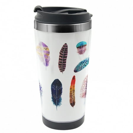 

Feather Travel Mug Tribal and Colorful Fluff Steel Thermal Cup 16 oz by Ambesonne
