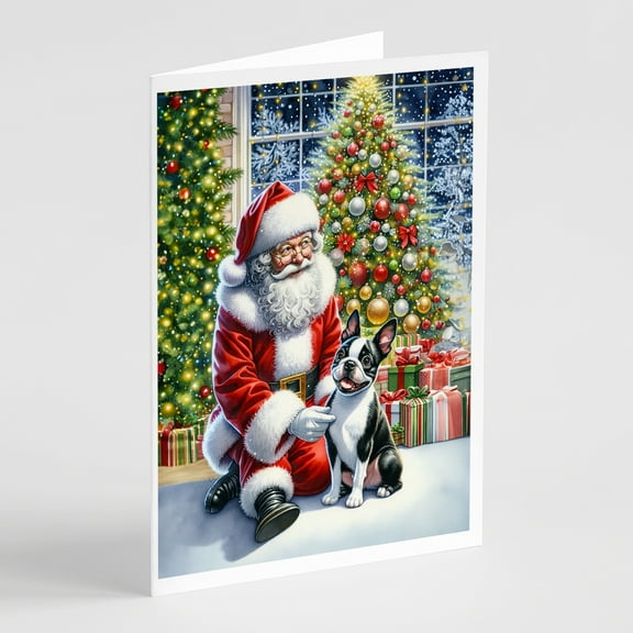 Boston Terrier and Santa Claus Greeting Cards Pack of 8 7 in x 5 in