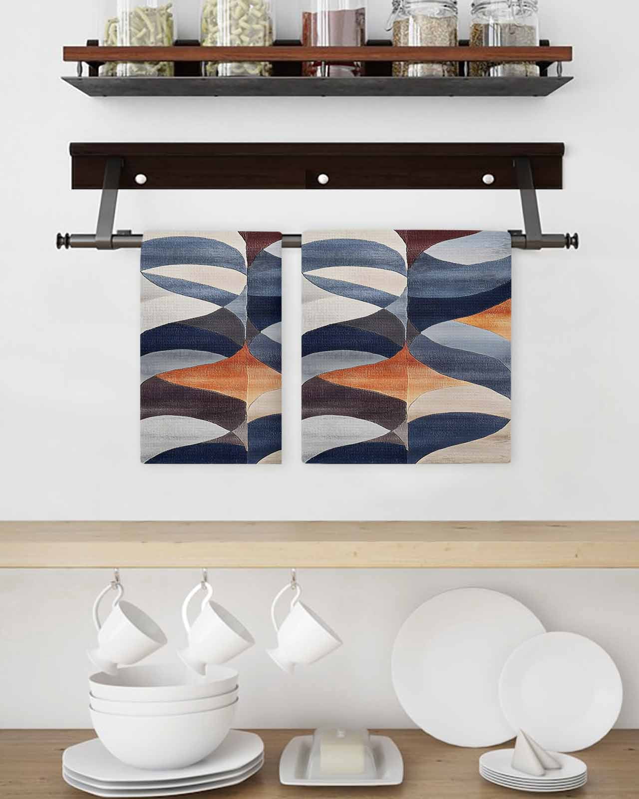 Navy Blue Burnt Orange Hand Towels Set, Waffle Weave Kitchen Towels 4 Pieces, Retro Geometric Abstract Microfiber Hair Face Bath Tea Towel Absorbent Quick Drying Cleaning Dish Cloths, 15.7"x23.6"