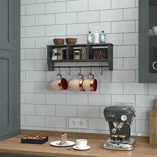 Hbcy Creations Étagère Murale avec Crochets et Paniers pour Manteaux, Organisateur d'Entrée en Bois Massif avec Crochets - Accrocher Manteaux, Clés Ou Tasses à Café, Noir Rustique 24 Pouces de Large
