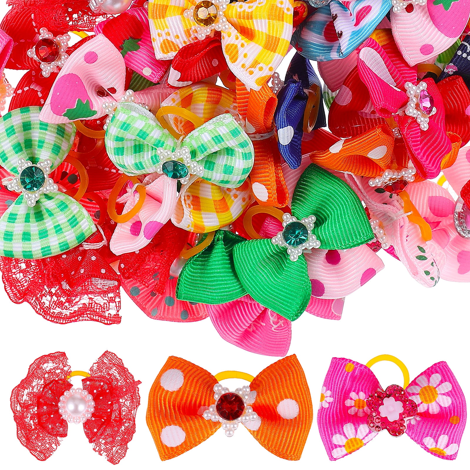 50 Pcs Dog Bows with Rubber Bands Cat Hair Bows Multicolor Rhinestones