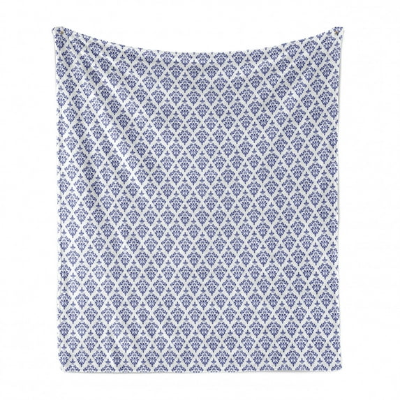 Ethnic Soft Flannel Fleece Blanket, Monochrome Damask Style Leaves Arrangement Slavic Inspired Typical Ceramic Print, Cozy Plush for Indoor and Outdoor Use, 70" x 90", Indigo White, by Ambesonne