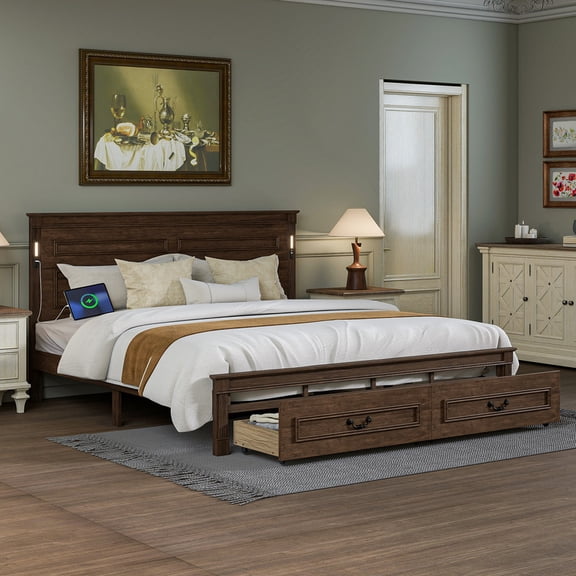 Mirightone King Bed Frame with 46" Tall Headboard, Farmhouse Solid Wood King Size Platform Bed with 2 Storage Drawers,LED Lights & USB Charging Station, Walnut