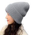 thumbnail image 3 of Opolski Knitted Hat Baggy Slouchy Ribbed Flanging Stretchy Keep Warm Solid Color Autumn Winter Women Men Beanie Cap for Outdoor Grey, 3 of 8