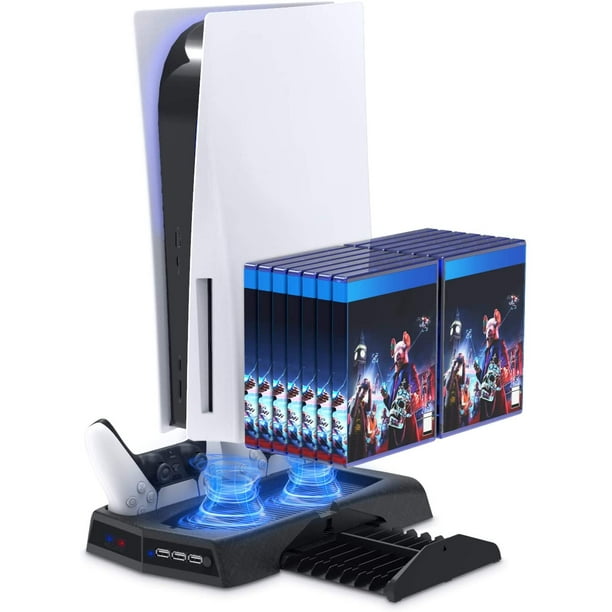 Support PS5 avec Ventilateur de Refroidissement pour Playstation 5,  Chargeur de Manette PS5 avec indicateur LED, Station de Charge PS5 avec  Stockage