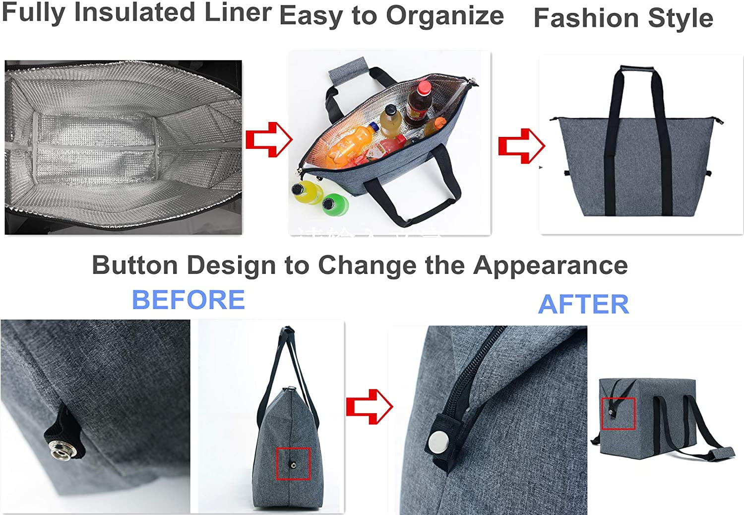Insulated Grocery Thermal Tote Bags for Frozen Cold Hot Foods, Reusable Insulation Zippered Bag for Shopping, Travel, Picnic ,Lunch