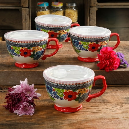Dazzling Saree - The Pioneer Woman Dazzling Dahlias 27oz Mug with Lid, Set of 4