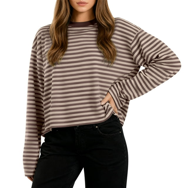 ABATAB Chandail Rayé pour Femmes Col Rond Manches Longues Hauts Décontractés Amples Tendance Chemise d'Entraînement Tenues d'Automne
