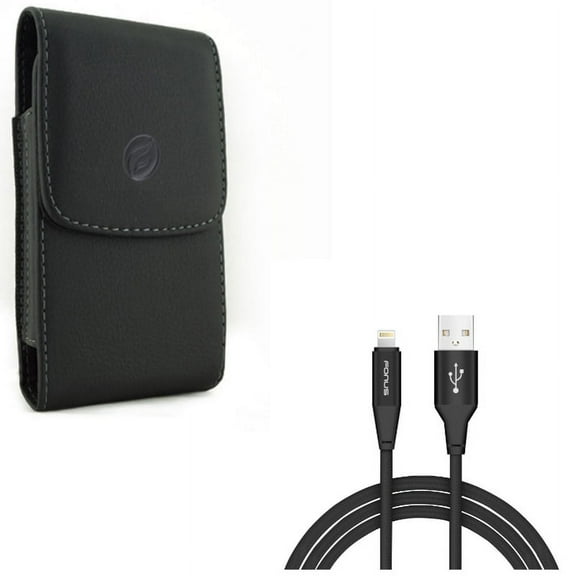 Leather Case Belt Clip w Charger Cord 6ft USB Cable for iPhone XS Max/8 PLUS/7 Plus/6S Plus/6 Plus - Holster Cover Pouch Vertical Carry and Power Wire Braided Long Sync