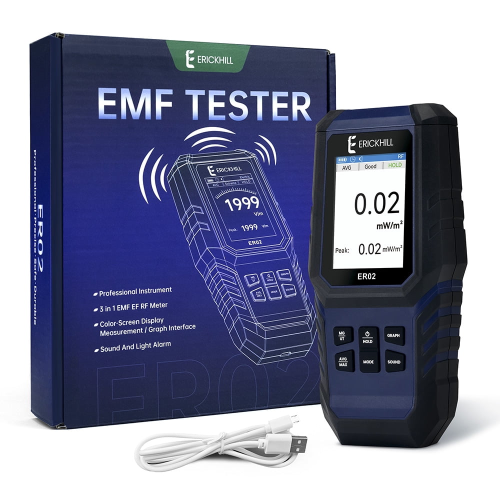 ERICKHILL ER02 EMF Meter, Handheld Electromagnetic Field Radiation Detector for EF RF MF, Portable EMF Tester with LCD Display for Home, Office, Power Lines and Electronic Devices