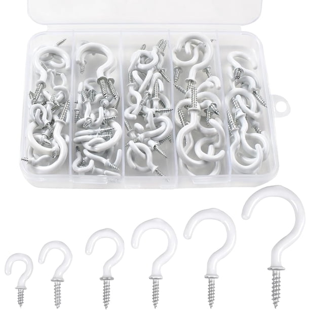 Kit de 70 ganchos de techo blancos, 6 tamaños, planta atornillable recubierta de vinilo, cocina, taza, ganchos de techo para colgar