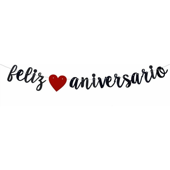 Black Glitter Feliz Aniversario Banner for Happy Birthday Wedding Anniversary Party Decorations Spanish Fiesta Mexican Theme Sign Photo Backdrop (Pre-Assembly)