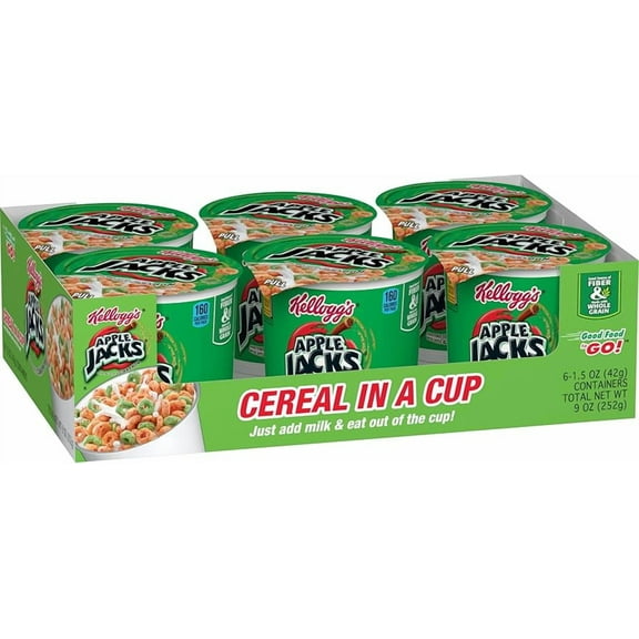 Kellogg’s Apple Jacks Cereal Cups, Cinnamon Apple Flavor, 1.5 oz Each, 6-Count