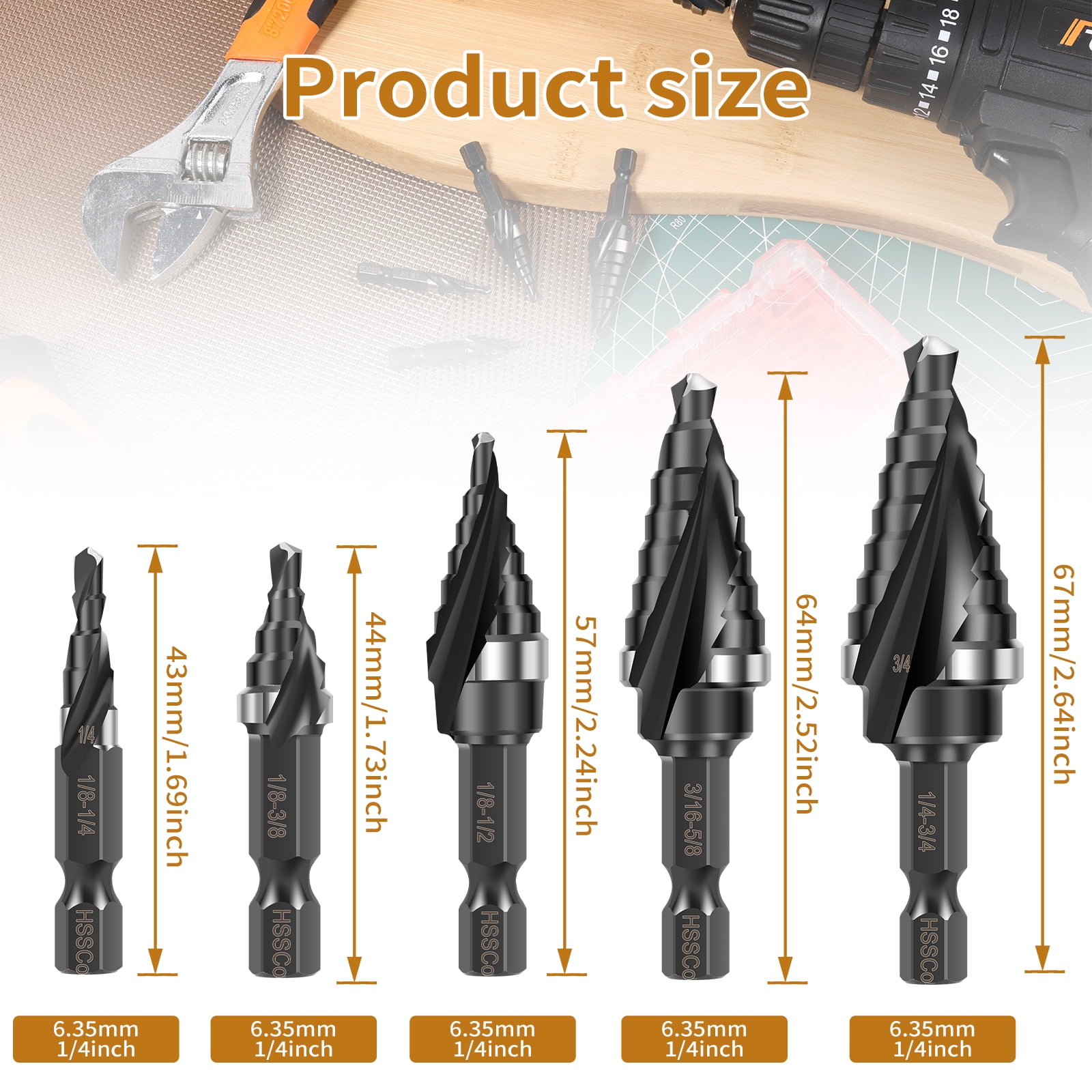 5Pcs Step Drill Bit Set for Metal, M35 Cobalt Unibit for Impact Driver Spiral Flute High Speed Steel Drill Bits for Stainless Steel and Hard Metals