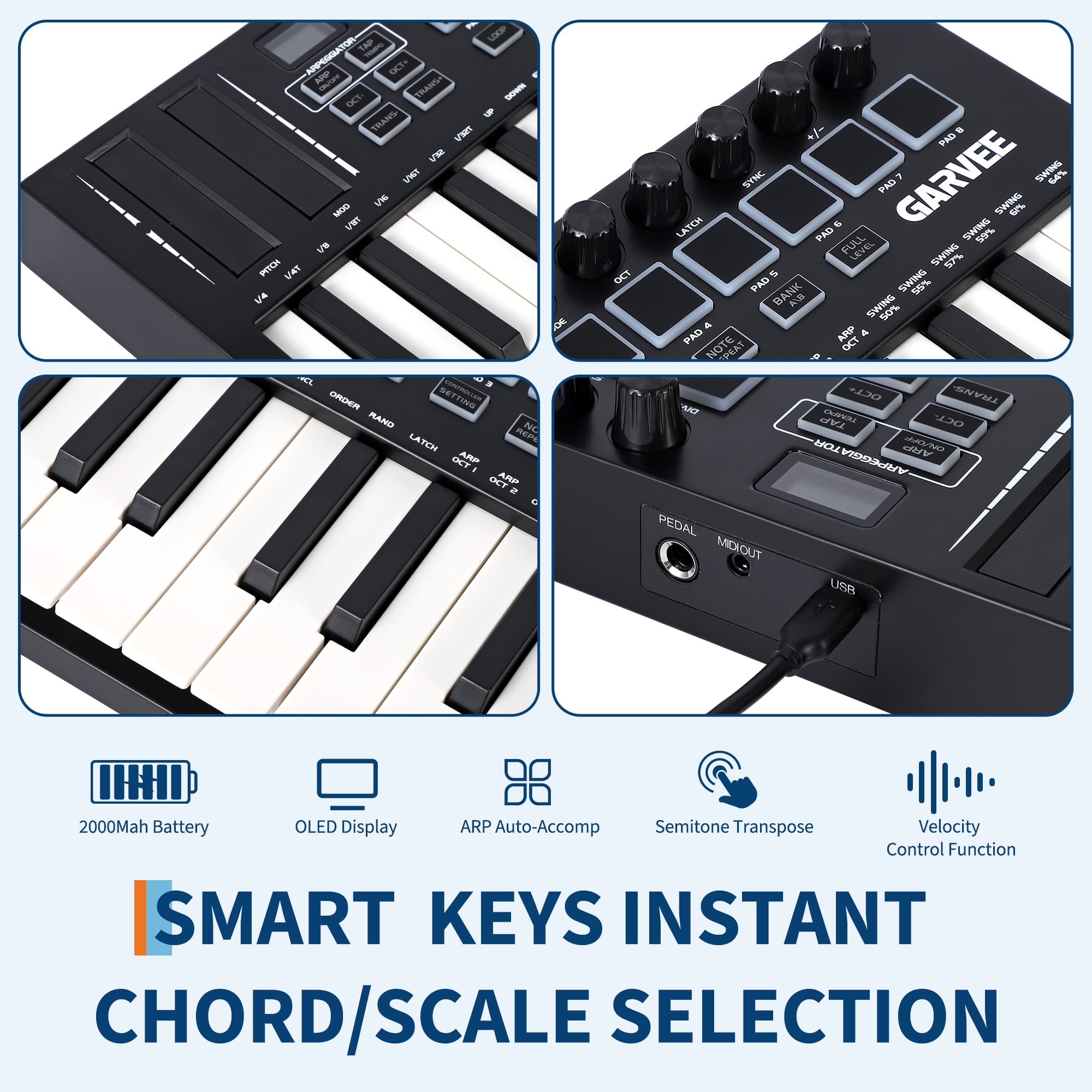 Towallmark 25-Key Portable MIDI Controller - Wireless/USB, 8 Pads, 8 Knobs, OLED, DAW Integration - Speed & Semitone Adjustment - Compact USB Keyboard for Studio & Travel - Black