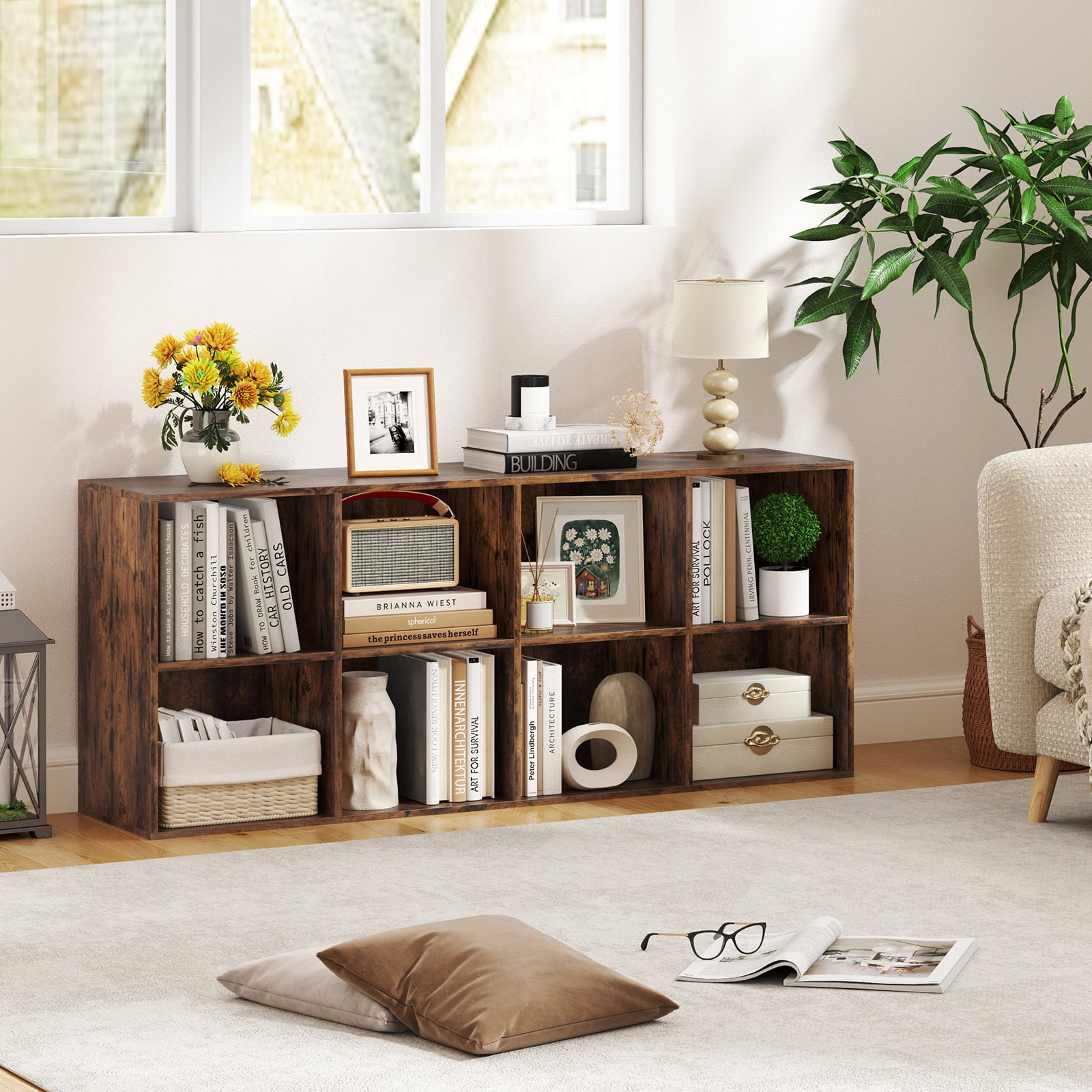 Costway 8-Cube Bookcase Bookshelf with 2 Anti-Tipping Kits Storage Organizer Rustic Brown