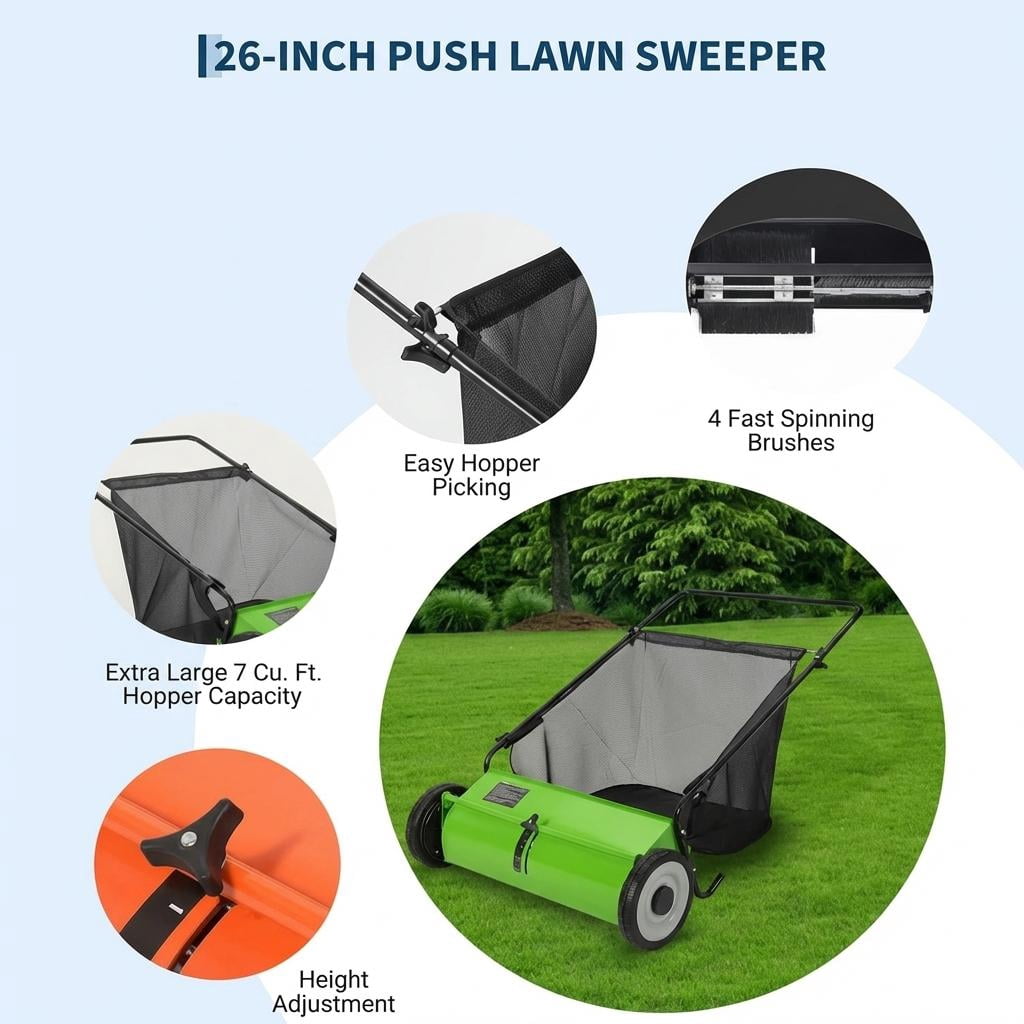 21 Inch Heavy Duty 4-Brush Push Lawn Sweeper, 3.5 Cu.Ft Large Collection Bag for Yard, Garden Cleanup