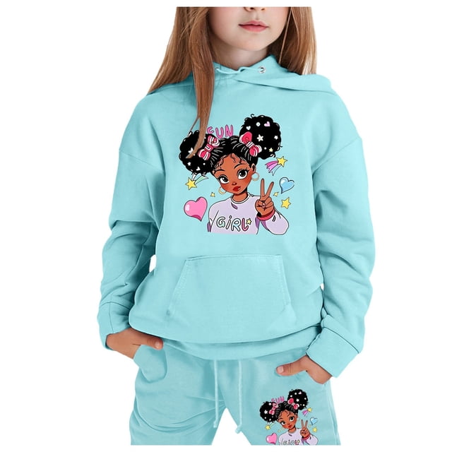 WEAIXIMIUNG Chandails en Molleton pour Filles Mode Décontractée Imprimée à Manches Longues avec Capuche et Pantalon Ensemble 8-9 Ans