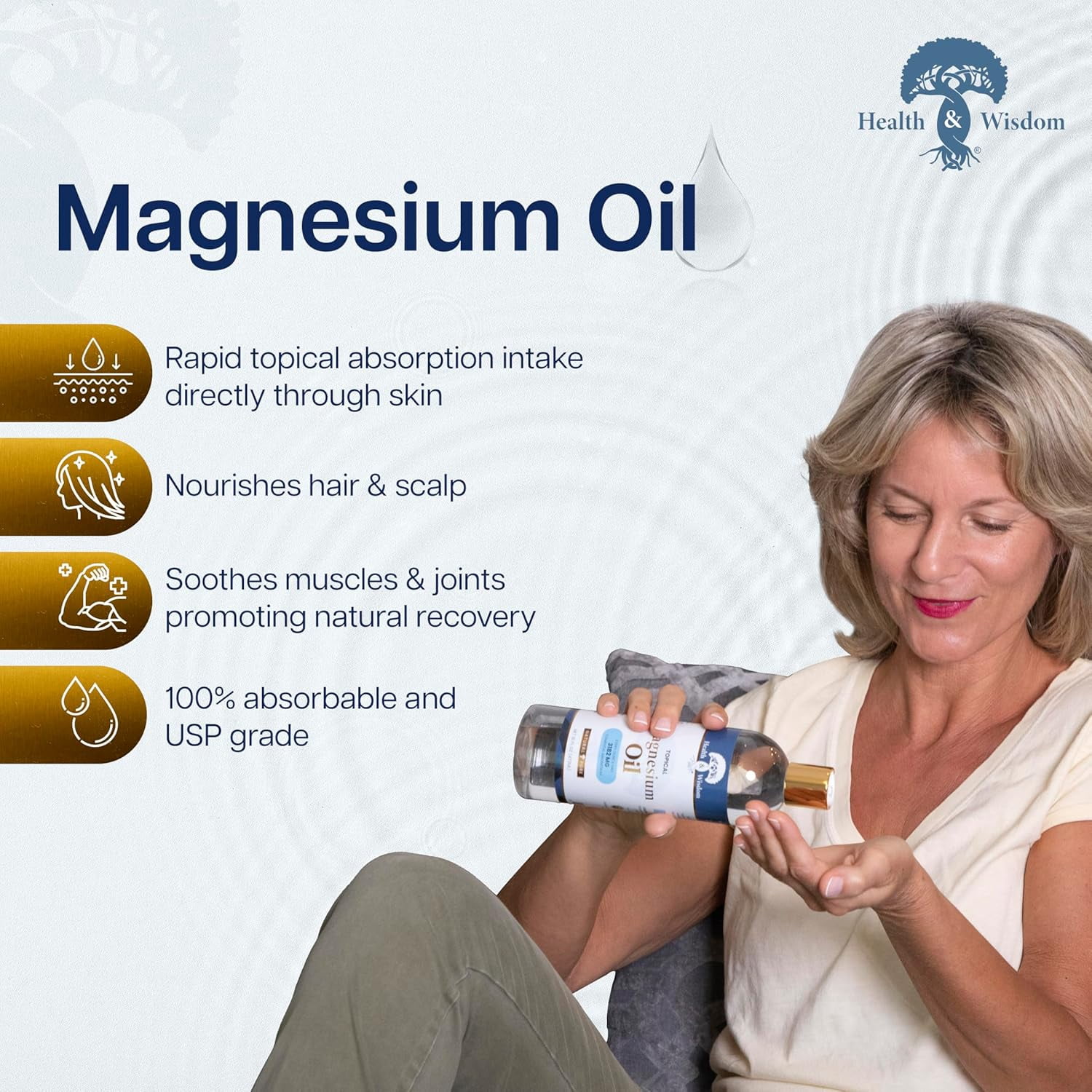 Health and Wisdom Pure Magnesium Oil - Topical Muscle and Joint Relief- Natural and Pure USP Grade Extra Strength Magnesium - Enhanced Absorption - 16 fl oz