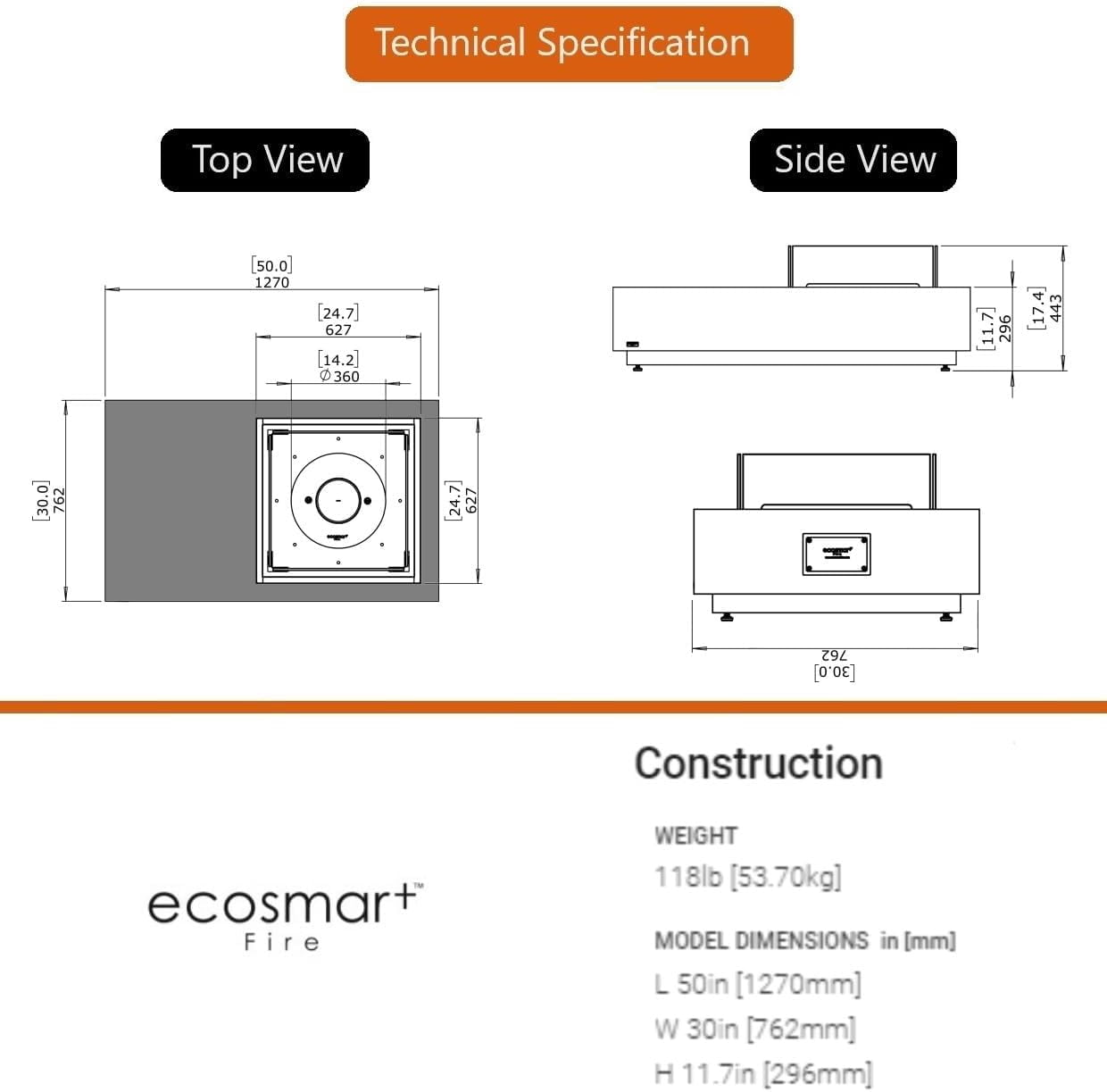 Ecosmart | Manhattan 50 Fire Pit Table | Natural Color | Stainless Steel Gas Burner | Elegant Curved Design with Versatile Wide Lip | Complements Any Decor and Setting