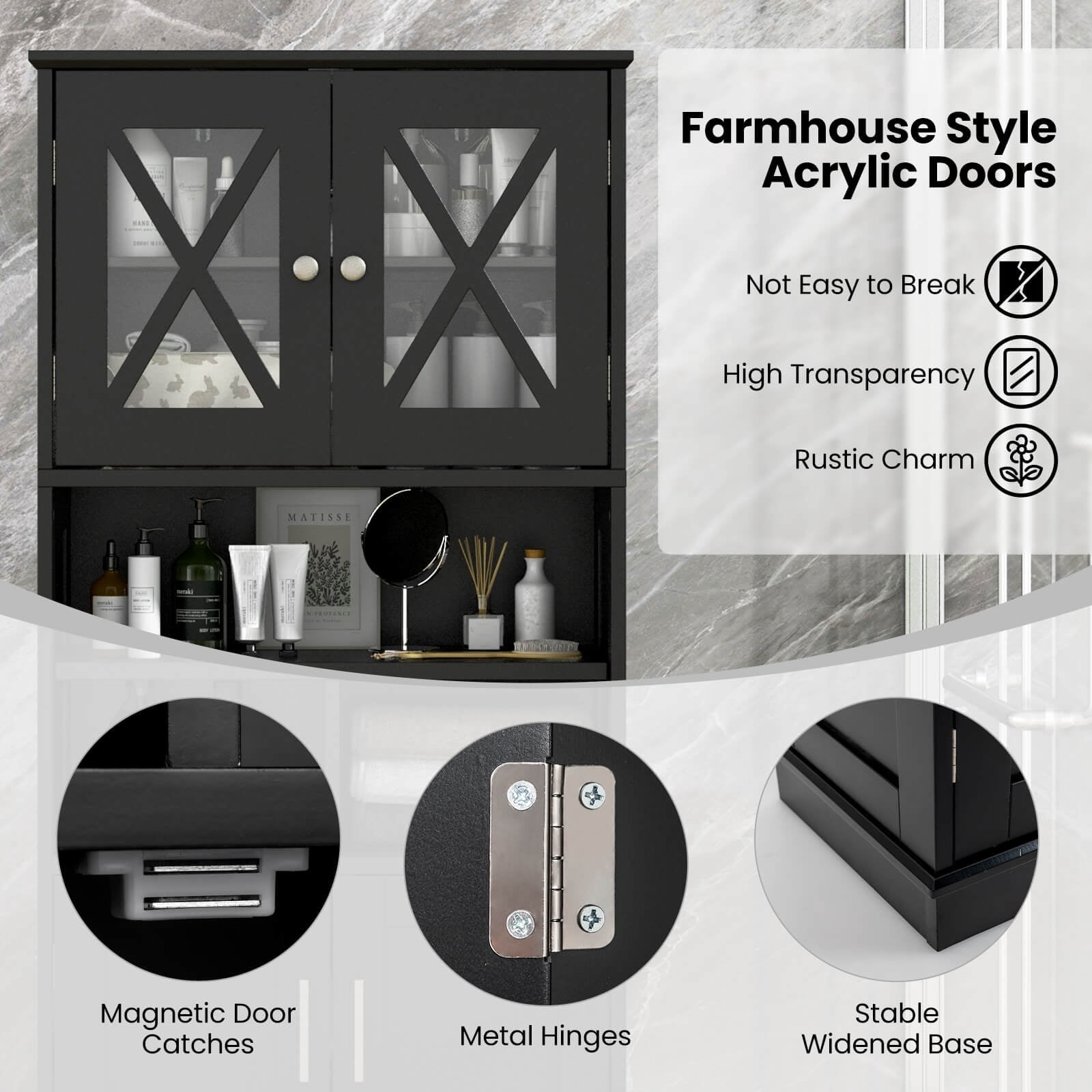 Costway Tall Bathroom Cabinet Large Floor Storage Cabinet with Acrylic Doors & 3 Cubes Black