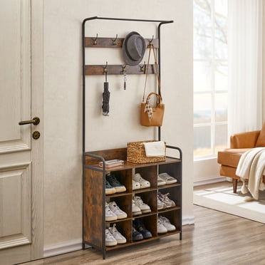 JRHRXXY Entryway Coat Rack with Shoe Rack,Multipurpose Hall Tree Storage with 7 Hooks,Hanging Rod