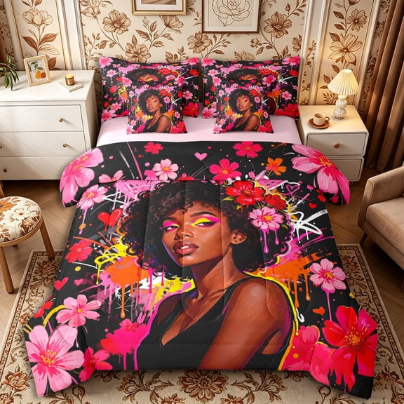Castle Fairy Black Girl Chic Floral Twin Bedding 7-Piece,Graffiti Splash Bedding Comforter Set,Pink Black,Grey Reversible