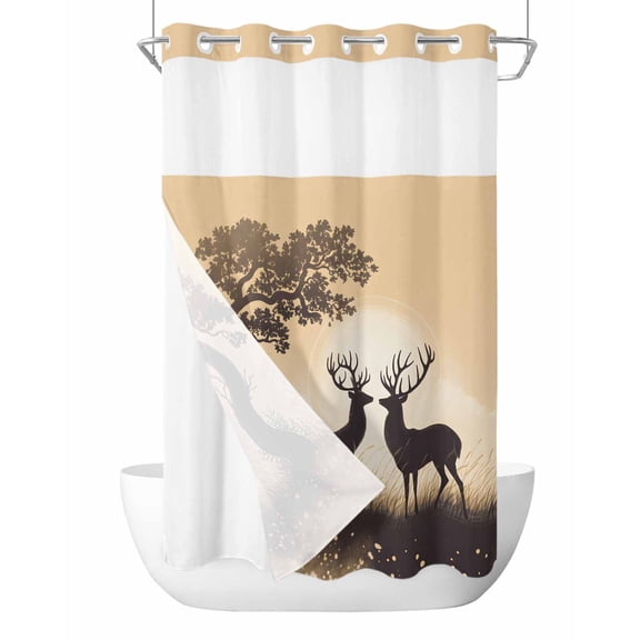 No Hook Cloth Fabric Shower Curtain with Snap in Liner, Elk Silhouette Waterproof Shower Curtains Set with See Through Top Window, Sunset Animal Antlers Forest Tree Retro Bath Curtains Shower 36"x72"