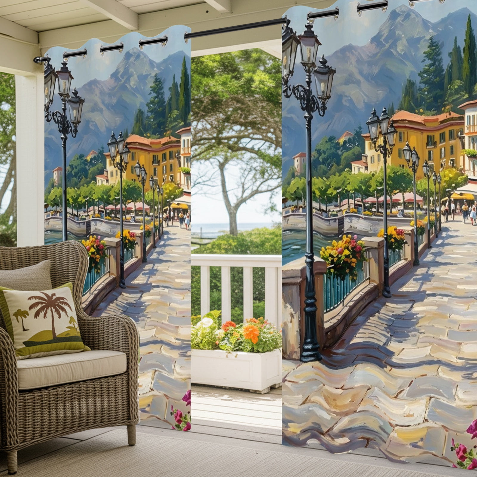 Seaside Walkway Outdoor Curtains for Patio, Coastal Town Mediterranean Scenery Sunshade Privacy Drapes Grommet Waterproof Outside Curtains for Porch/Cabana/Balcony 54"x 108", 1 Panel
