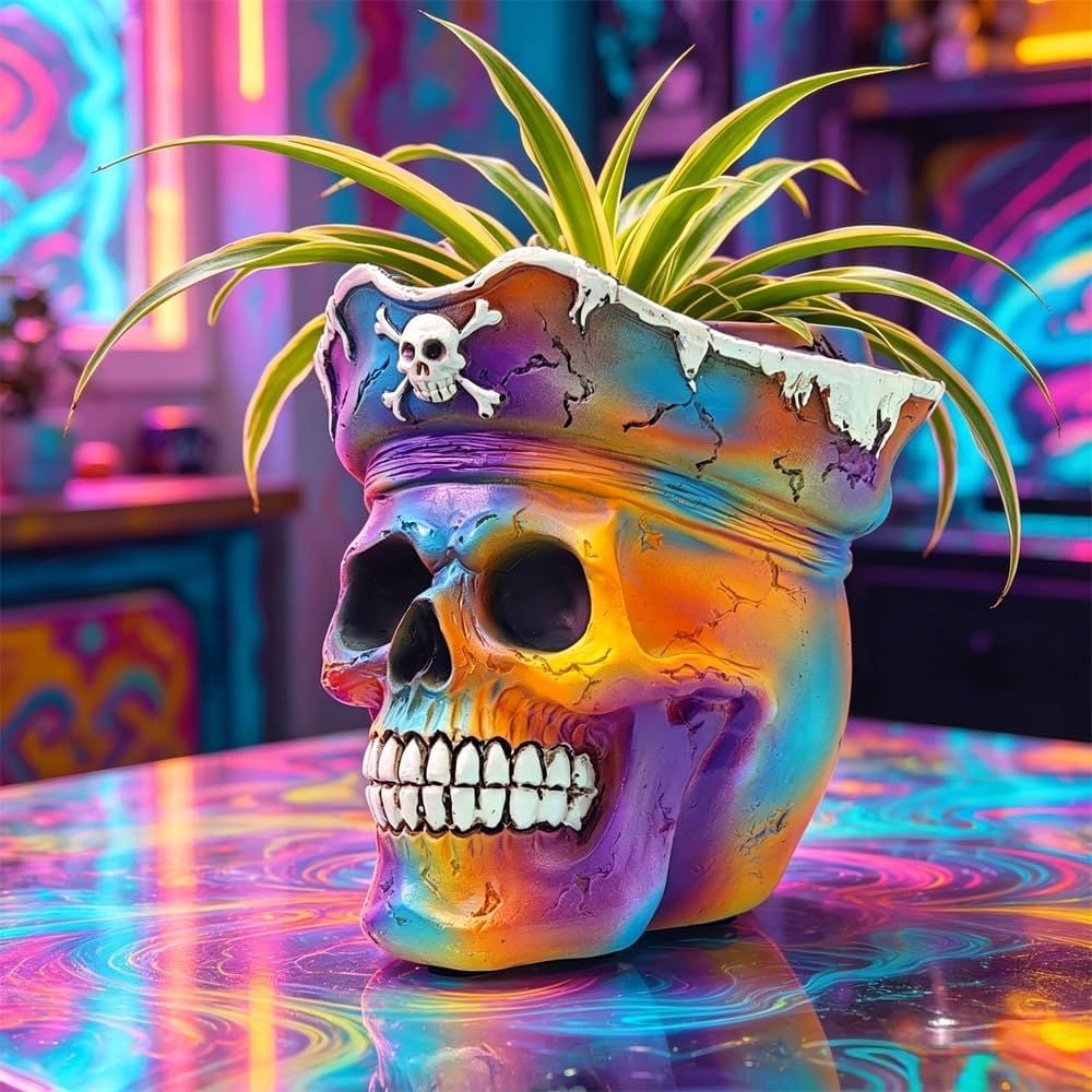 Pirate Skull Planter Flowerpot with Drainage Hole for Gothic Home Decor
