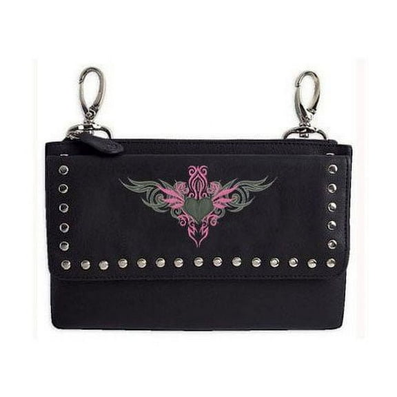 Leather Biker Hip Bag Purse, Embroidered Pink Tribal Design